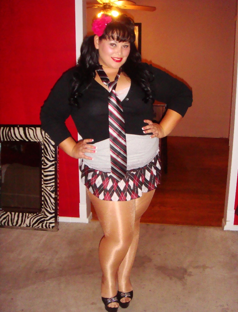 Brunette BBW wearing Tan Opaque Shiny Pantyhose and Colored Miniskirt